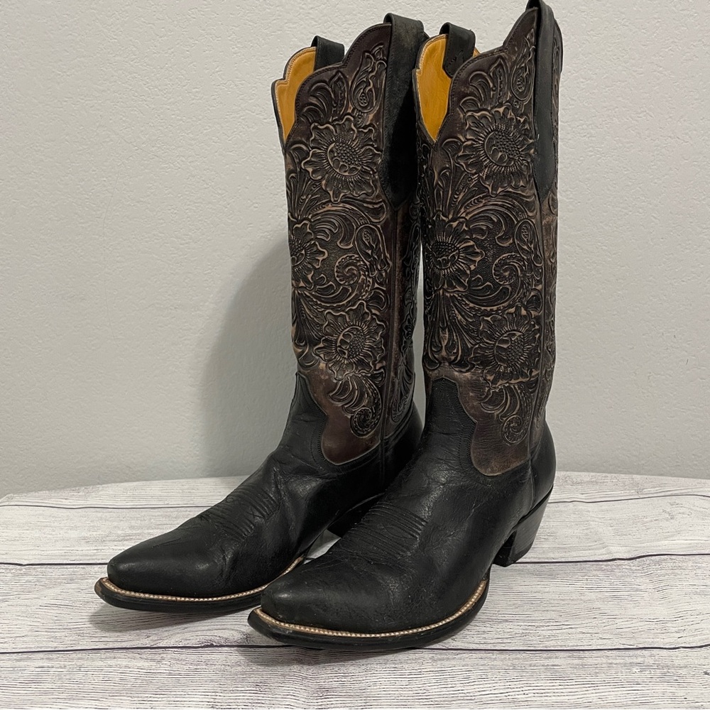 Leddy Vaquero Boots Western Tall Tooled Leather Black Dress Dancing Womens 9 B - Picture 2 of 12